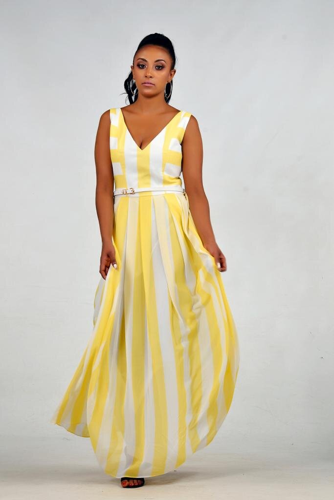 Maxi dress with white and yellow stripes